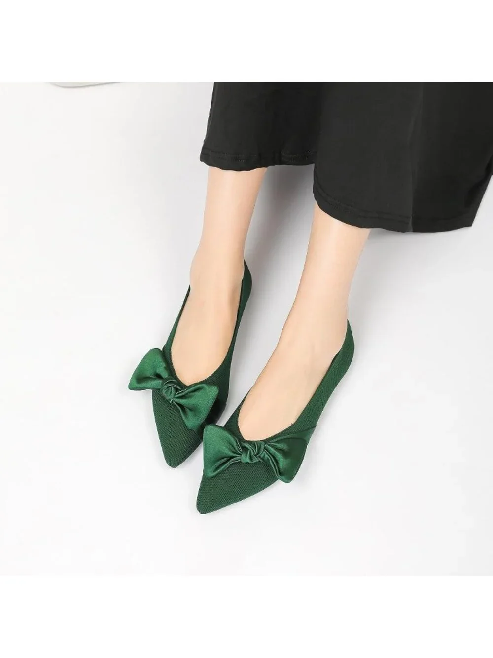 Women's Green Mesh Pointed Toe Ballet Slip On Comfortable  Flats with Bow Shoes
